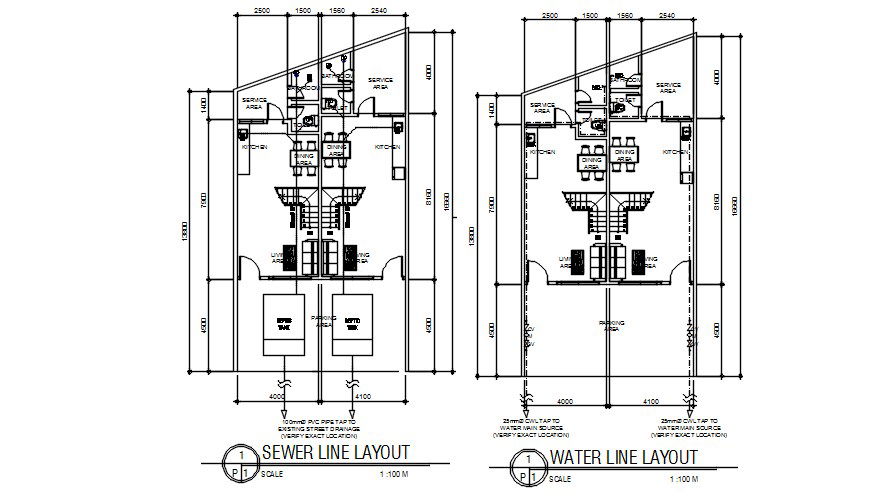 Sewer and Water Line Layout for House Plan AutoCAD DWG file.