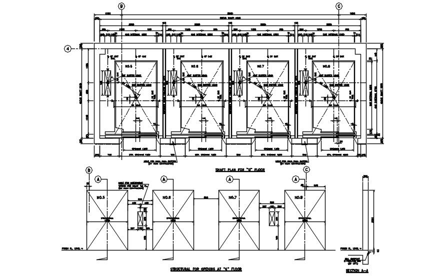 Shaft plan and structural for opening section details are provided in this 2D CAD DWG drawing. Download the AutoCAD 2D DWG file.