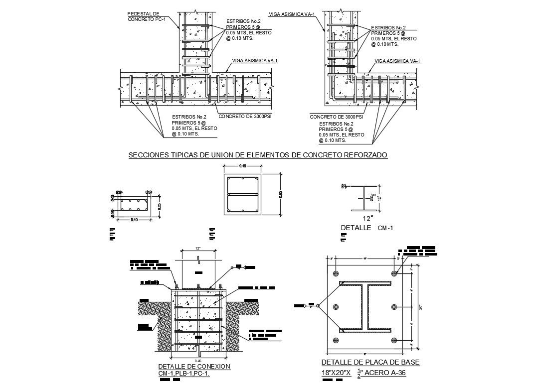 Shoe footing and constructive structure details of building dwg file