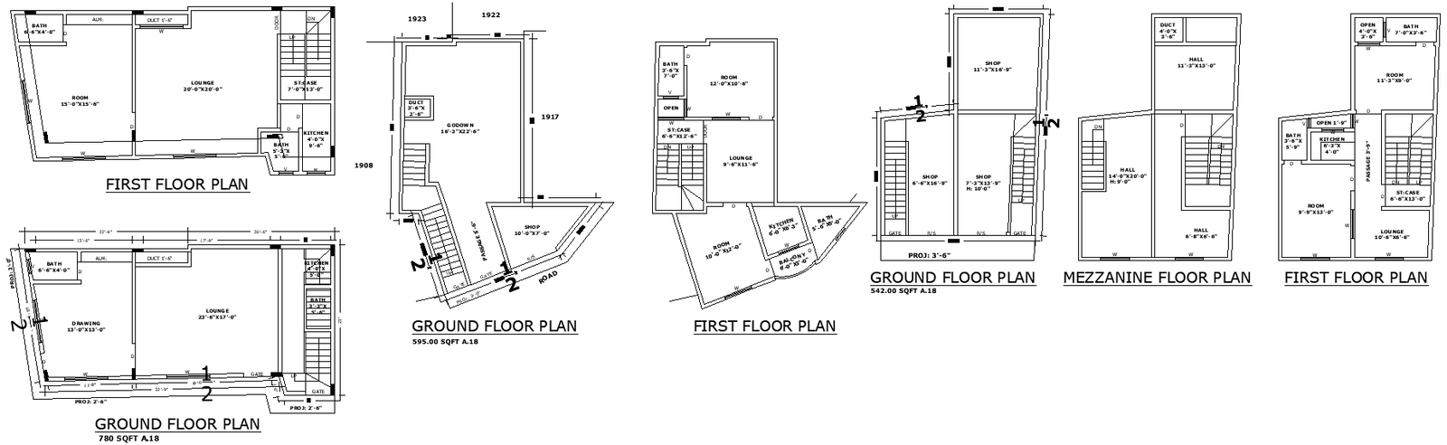 DWG Layout of Godown and Shop with Mezzanine Floor Area