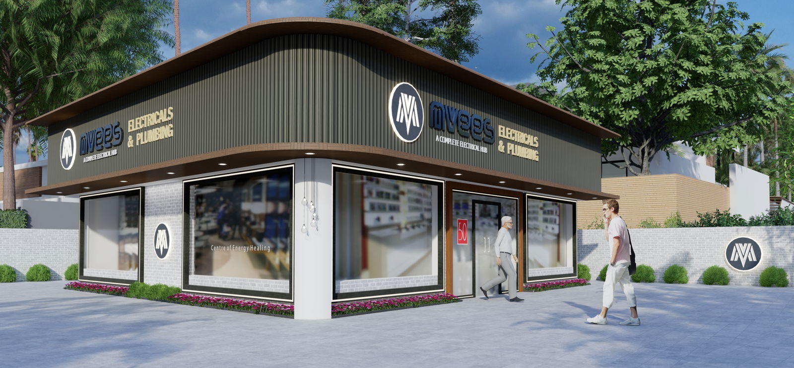 Electrical and plumbing shop elevation design which consists of aluminum composite panels, toughened glass, electricals panel lights, hanging lights and designed landscape in skp file