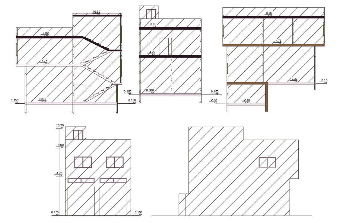 Shop With House Building Sectional Elevation CAD Drawing