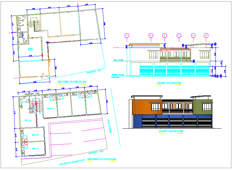 Shopping area building plan view with elevation dwg file