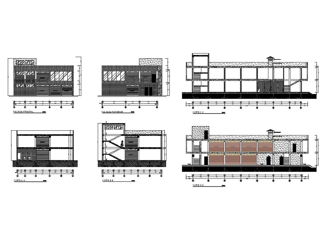 Shopping center all sided elevation and sectional details dwg file