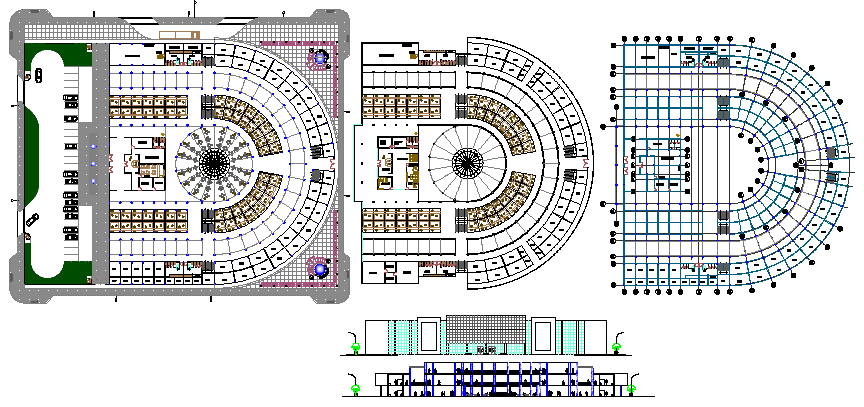 Shopping center elevation, section and floor plan details dwg file