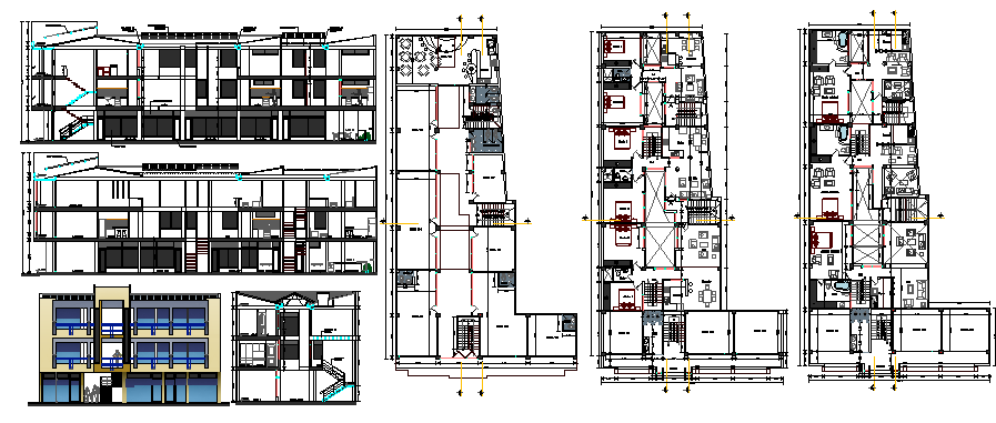 Shopping center elevation, section and floor plan details dwg file