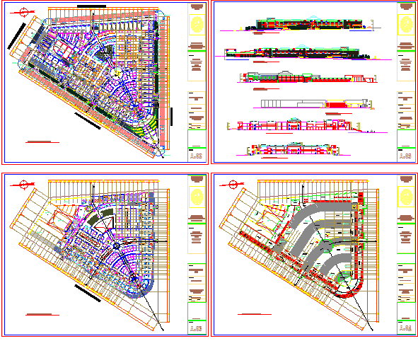 Shopping center elevation, section and floor plan details dwg file