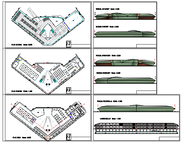 Shopping center elevation, section and floor plan details dwg file