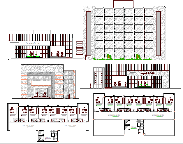 Shopping center elevation, section and plan details dwg file