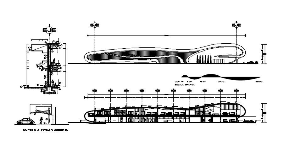 Shopping center with elevation and section in dwg file