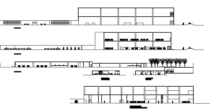 Shopping mall all sided elevation and sectional details dwg file