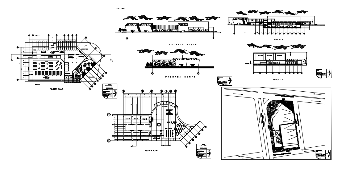Shopping mall detailed elevation and sectional view dwg file.