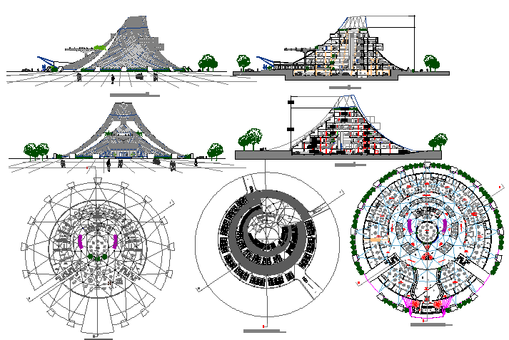Shopping mall elevation, section and floor plan details dwg file