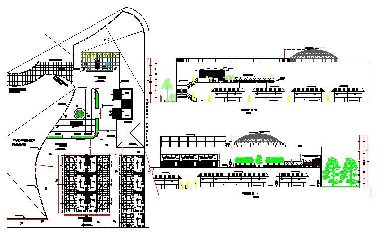 Shopping mall elevation, section and layout plan details dwg file