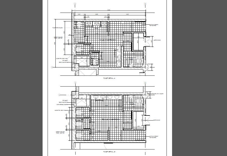 Shopping mall washrooms plan and installation details dwg file