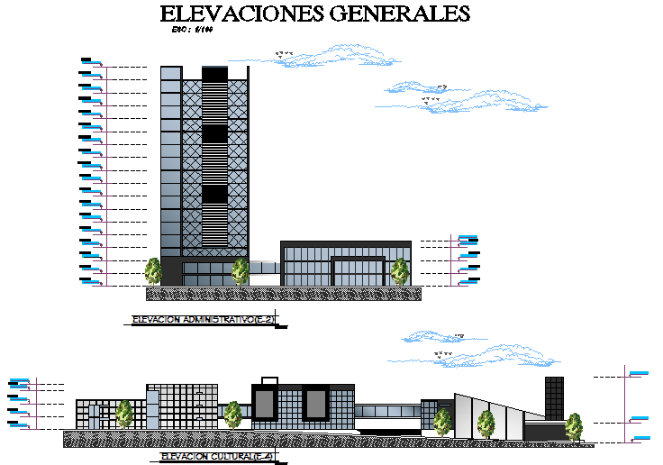 Shopping office complex elevation detail dwg file