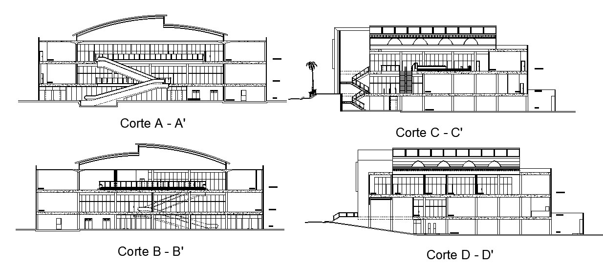 Shopping building section view is given in this Autocad drawing model. Download now.