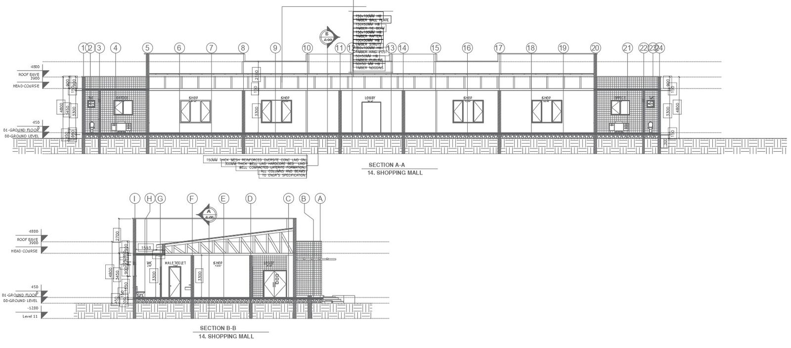 Shopping mall section detail and dimension detail dwg autocad drawing
