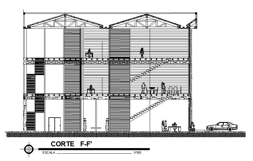 Show Room Building Rear Sectional CAD Drawing Download DWG File