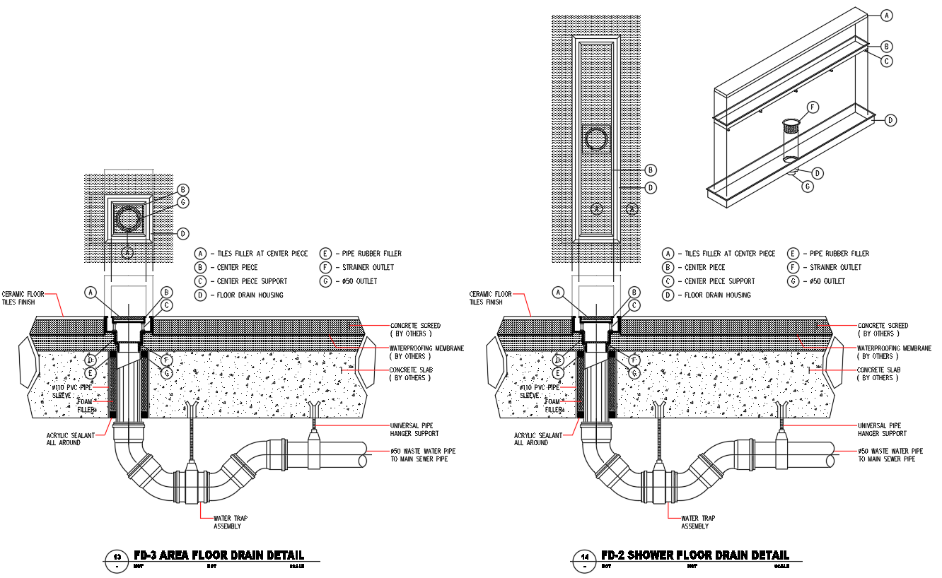 Shower and Area Floor Drain Detail Layout in CAD DWG File