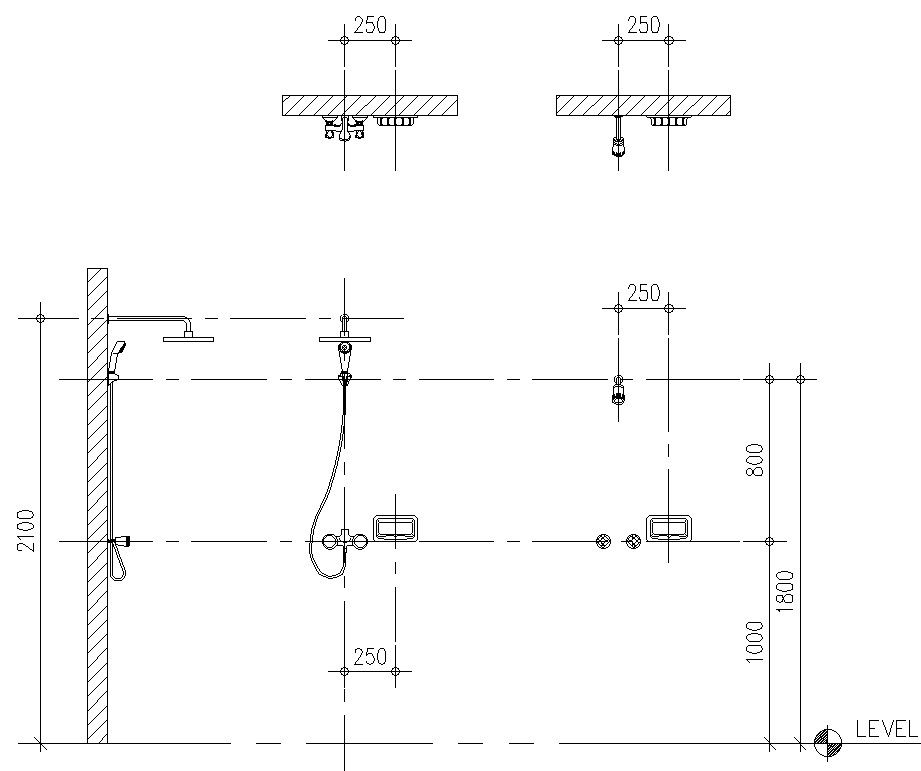 Shower fitting and fixture details of bathroom in AutoCAD, dwg file.
