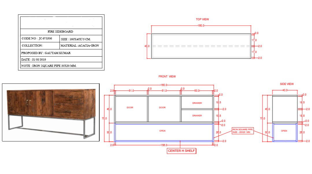 Side Board Size 160x40x75 Cm With Section design for PDF File
