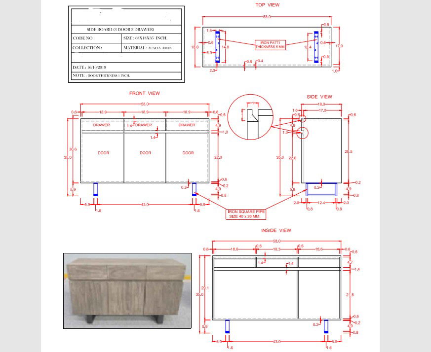 Side Board Thickness Design Size 50x18x35 Inch With PDF File