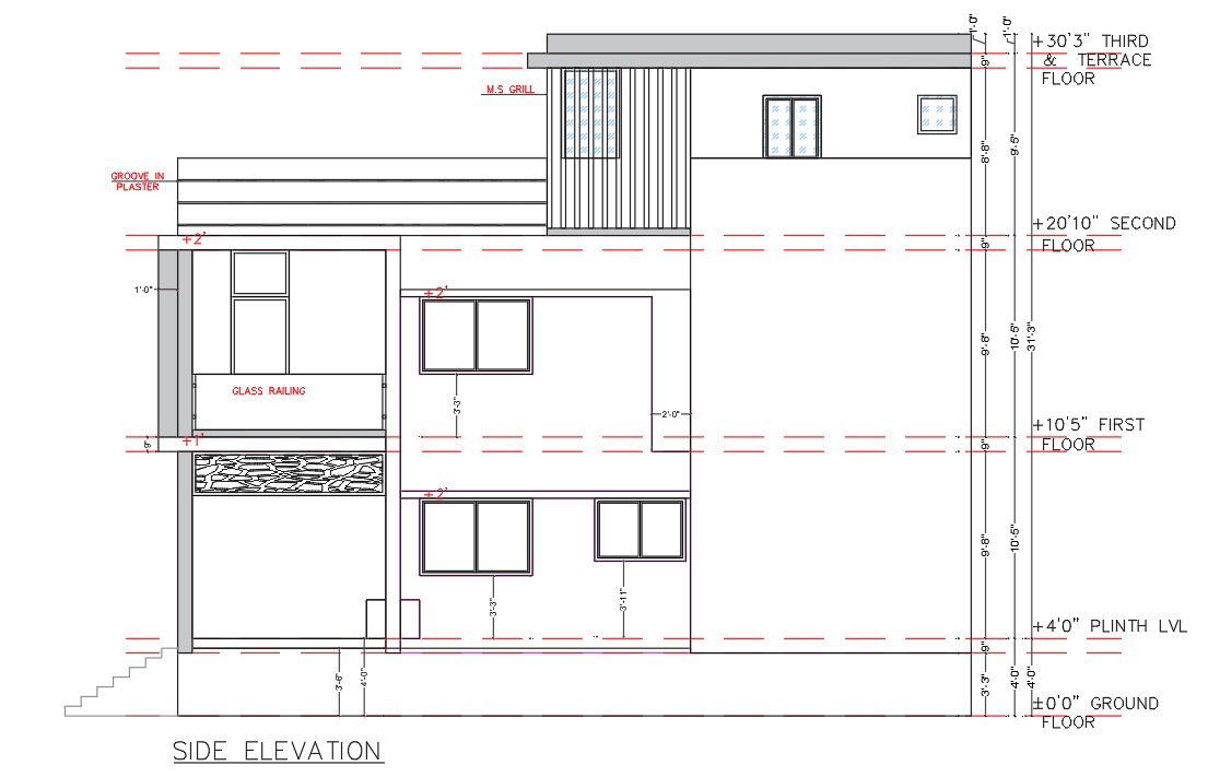 Side Elevation Design Of Two Floor House AutoCAD File
