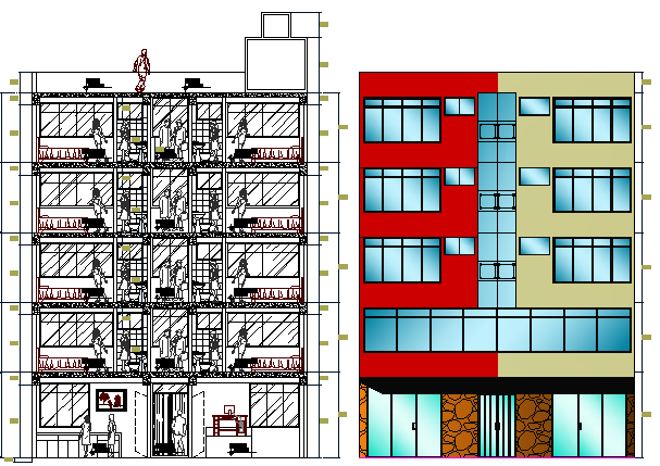 Side Elevation, Section Details of Hotel Restaurant, Garden dwg file