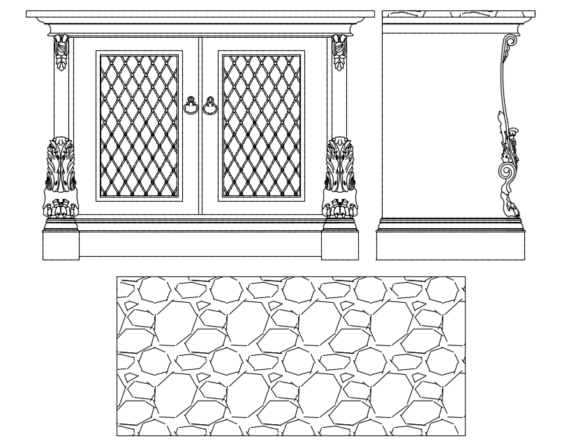 Side cabinet,elevation,side view and plan with furniture view dwg file