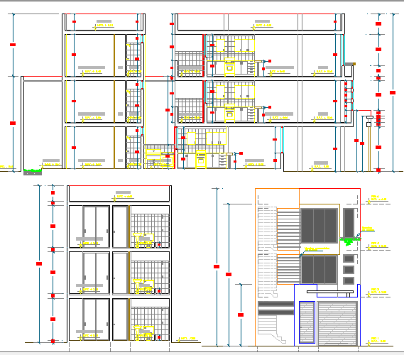 Side elevation, sectional view of multi-family housing building dwg file