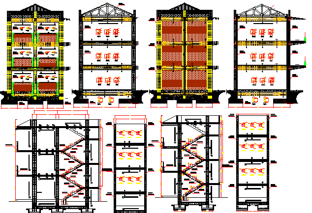 Side elevation and sectional view of multi-flooring college dwg file