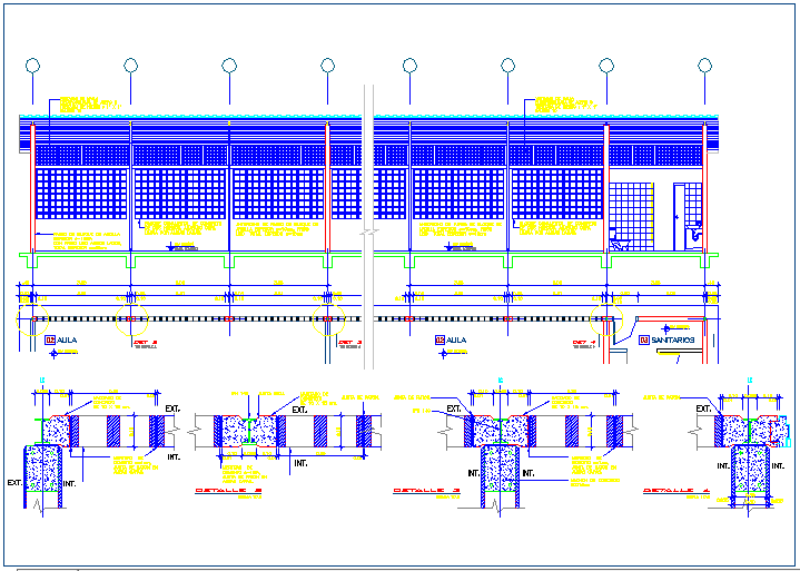 Side elevation of school with construction details dwg file