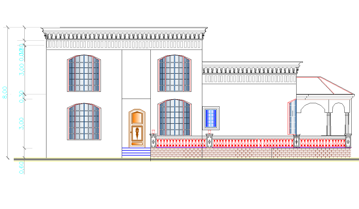 Side elevation view of single family bungalow design dwg file