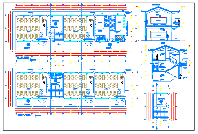 Side sectional and layout plan details of multi-flooring school dwg file