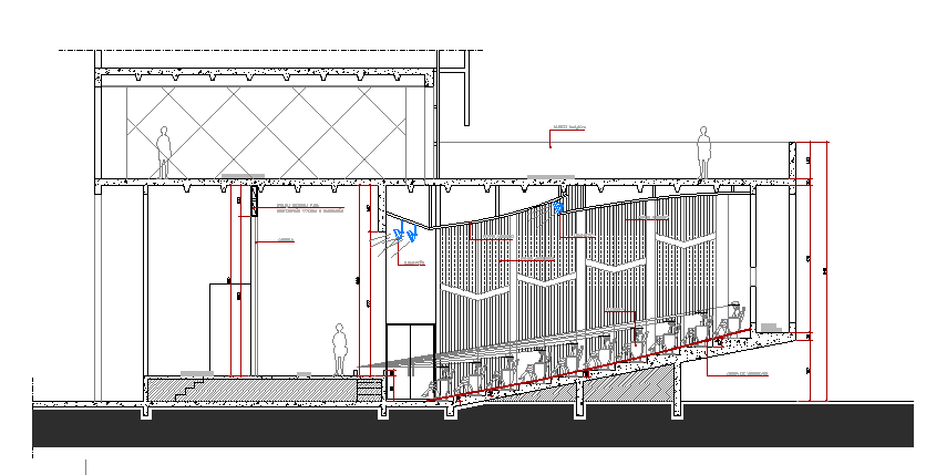Side sectional view of college building dwg file