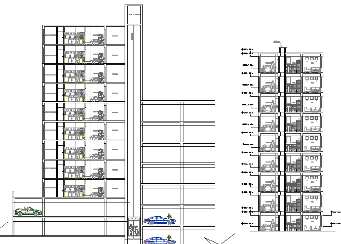 Side sectional view of commercial housing building dwg file