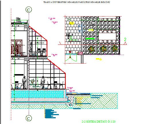 Side sectional view of restaurant with garden cafeteria dwg file