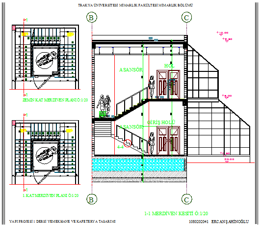 Side sectional view of two-flooring restaurant details dwg file
