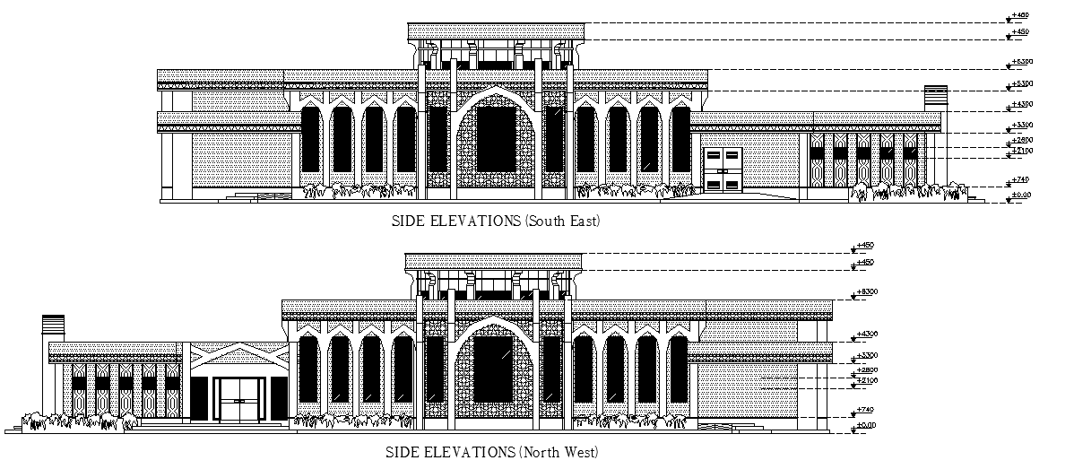 Side view elevation of a mosque dwg file