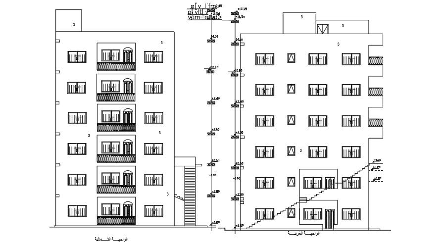 Side Elevations Of 13x14 Meter Apartment AutoCAD File