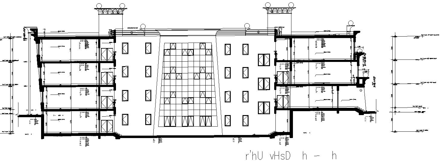 Side Sectional Elevation of a Educational building with dimensional detail.
