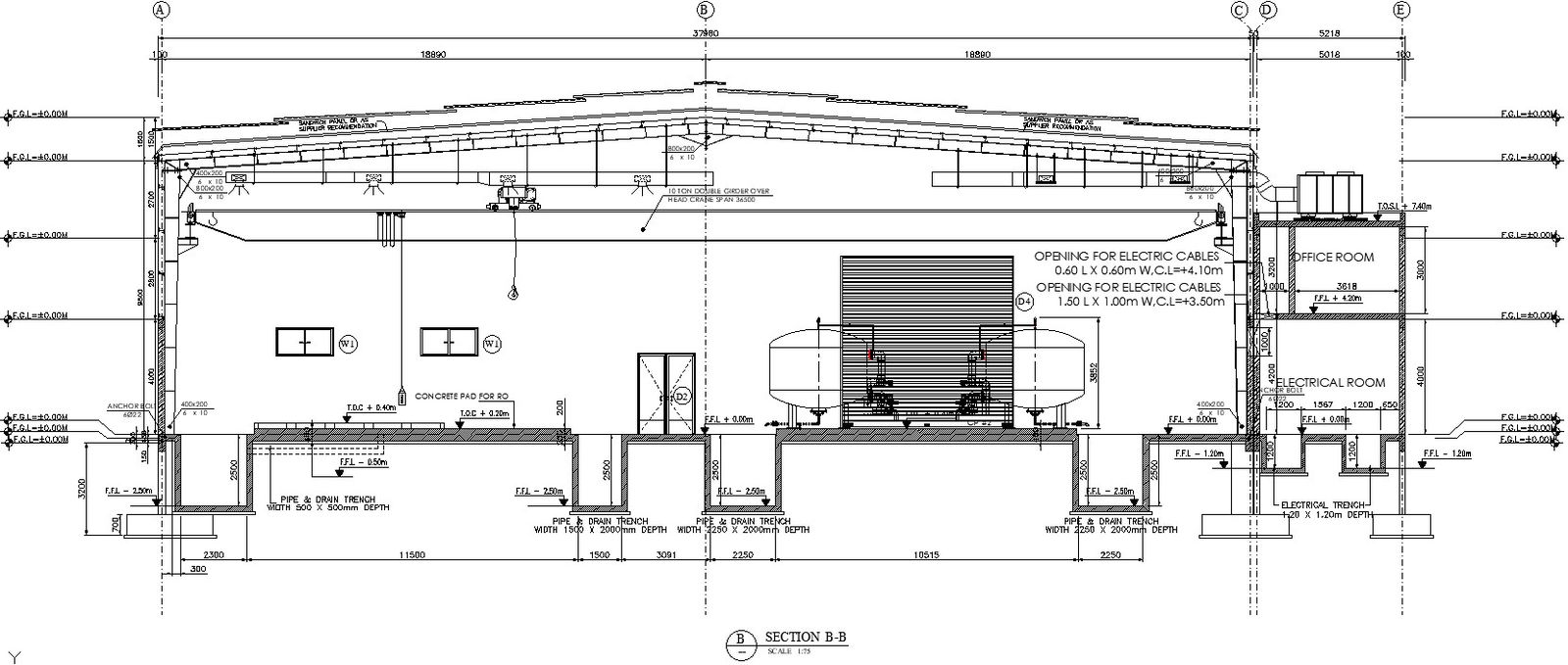 Side Sectional Elevation of a Factory with dimensional detail.