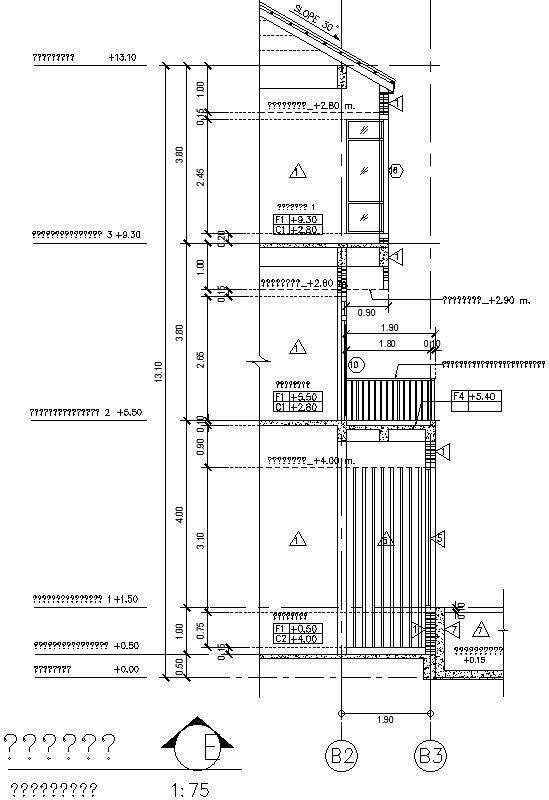 Side cut section of 3 story house in AutoCAD with dimension detail, dwg file.