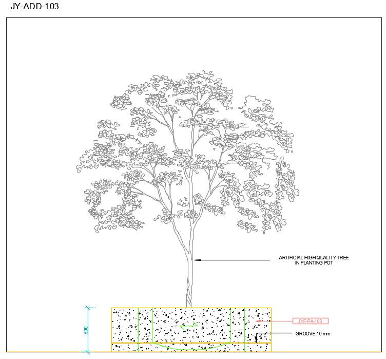 Side elevation detail of Artificial high-quality tree in planting plot provided in this AutoCAD drawing file. Download this 2d AutoCAD drawing file.