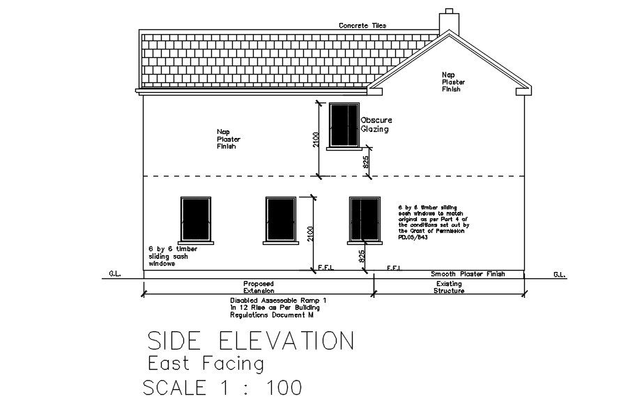 Side elevation east facing in AutoCAD, dwg file.