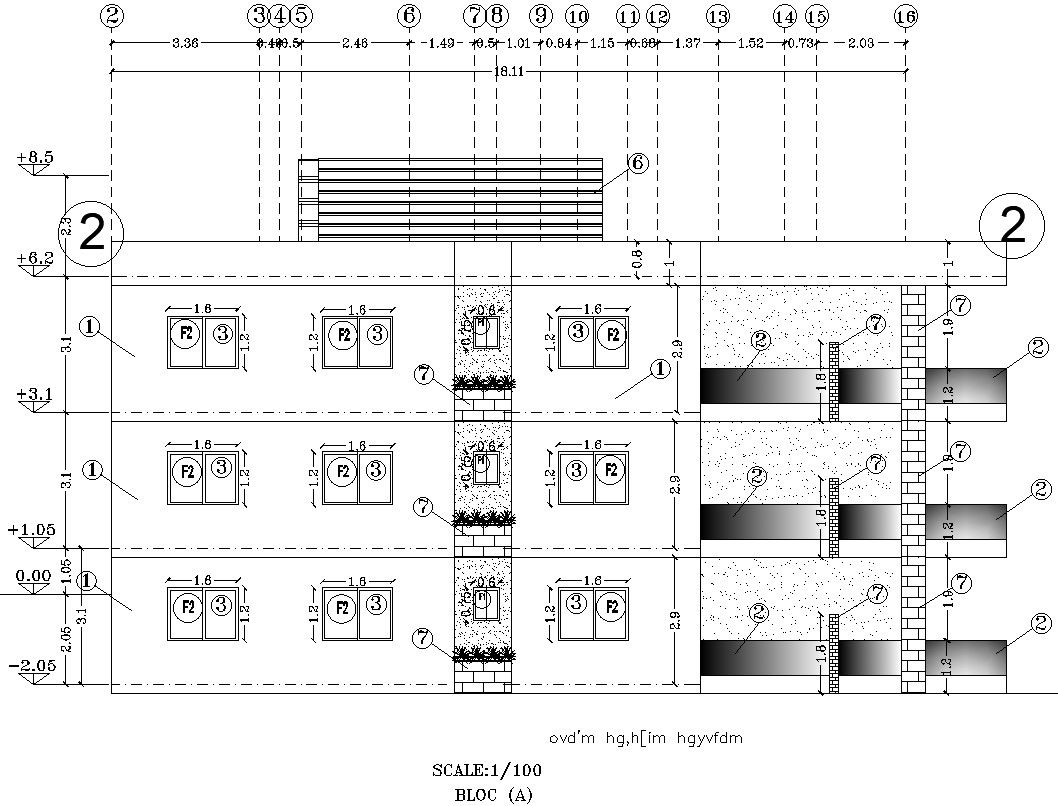 Side elevation framing structural drawing in AutoCAD, dwg file.