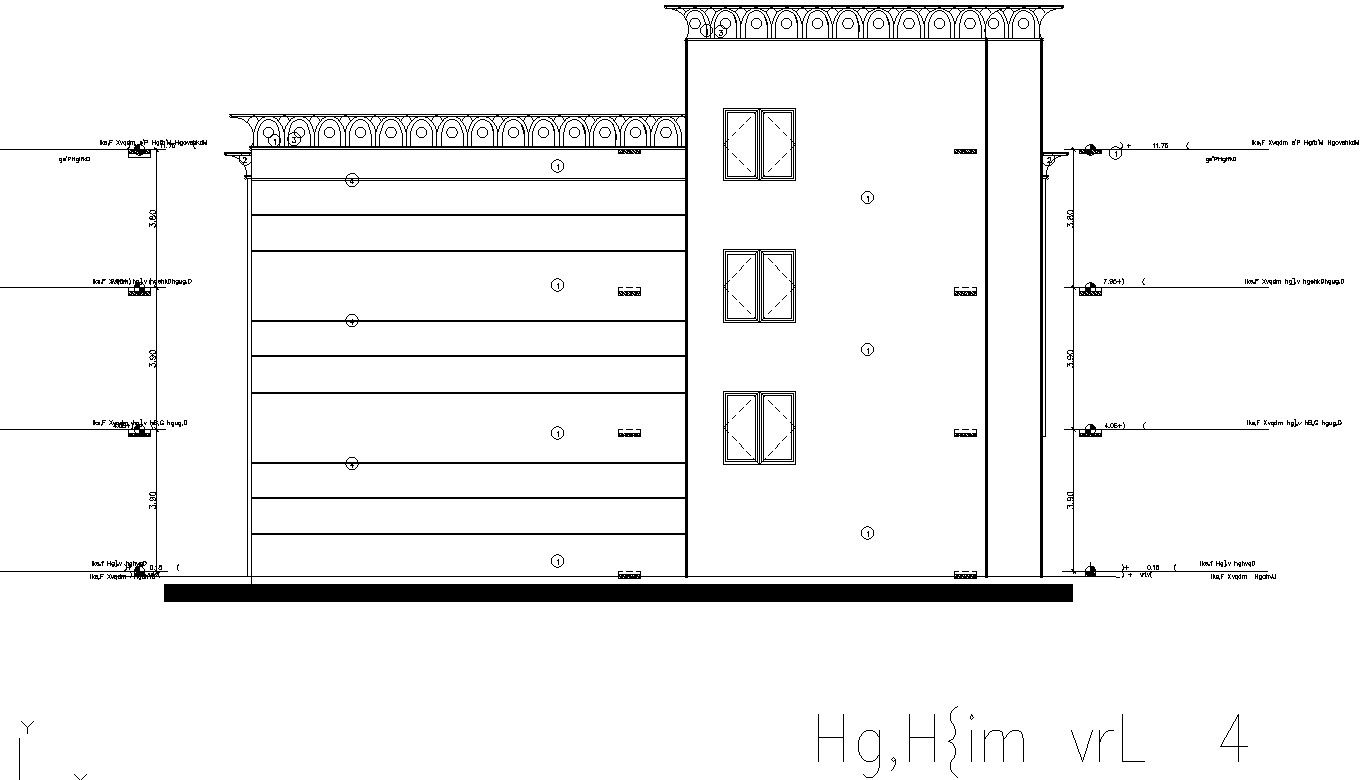 Side elevation of commercial building with detail AutoCAD drawing