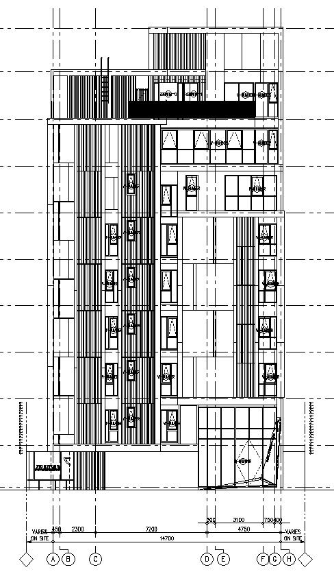 Side elevation of exterior of a building in AutoCAD, dwg file.