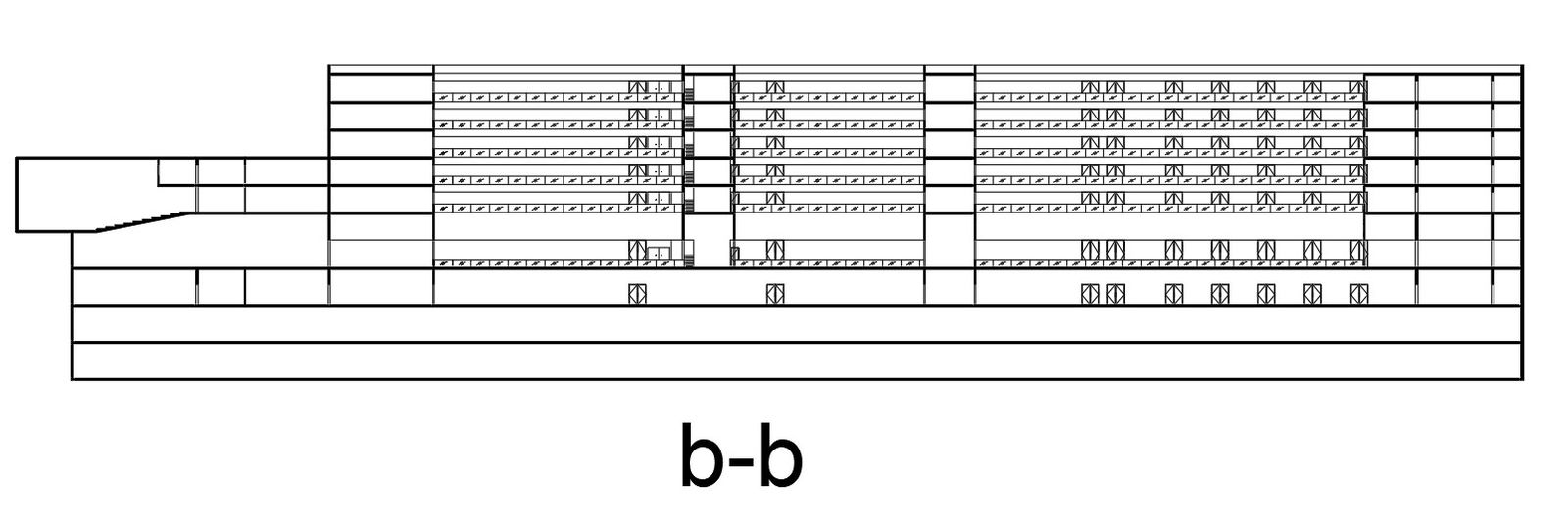 Side elevation of exterior of a commercial building in AutoCAD, dwg file.